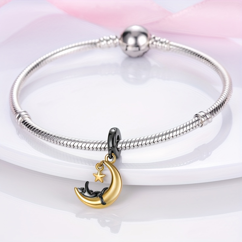 Cat Lying on The Golden Moon Pendant Charm for Jewelry Making